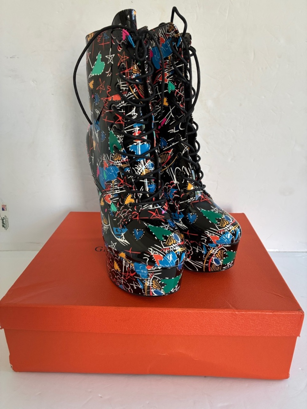 Black Multi-Color Graffiti Lace-Up Platform Ankle Boots Stiletto Shoe Size 9 NEW - Picture 7 of 8